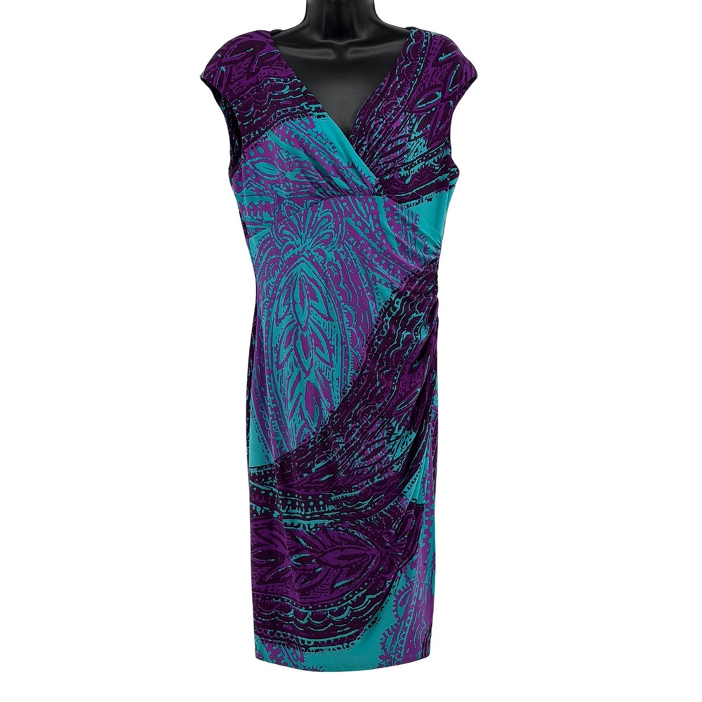 NEW Lauren Ralph Lauren Dress Womens 10 Paisley Sheath Ruched V-Neck NWOT - Picture 1 of 15